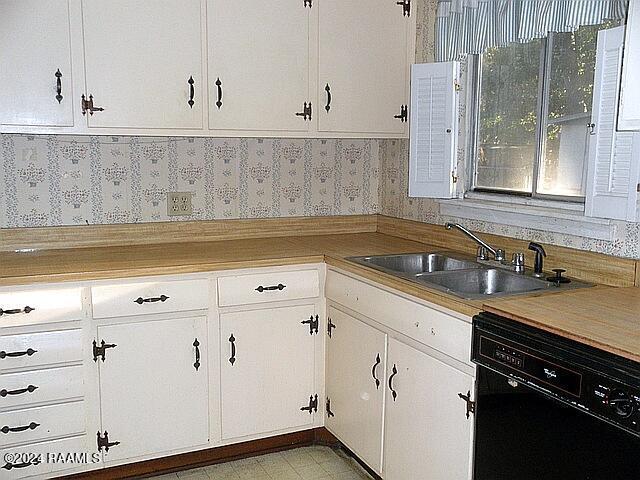 kitchen with white cabinets, dishwasher, and sink