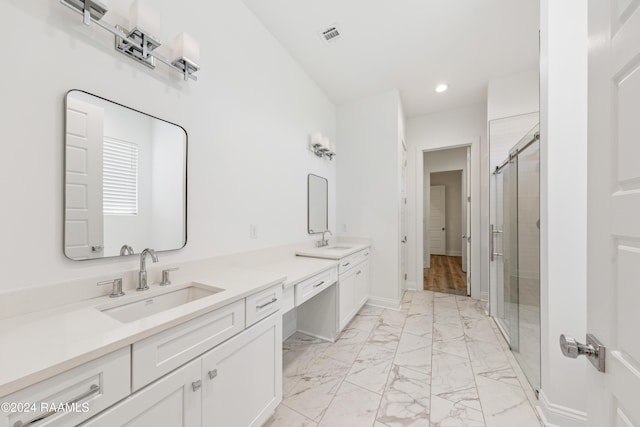 400 Croft, Lafayette, LA 70503 - bathroom with marble look tile flooring, double vanity, recessed lighting, and a stall shower