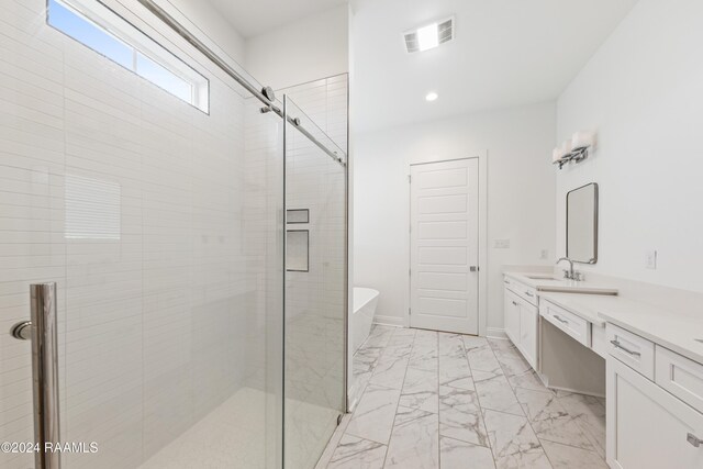 400 Croft, Lafayette, LA 70503 - full bath featuring vanity, marble finish floors, a soaking tub, a shower stall, and recessed lighting