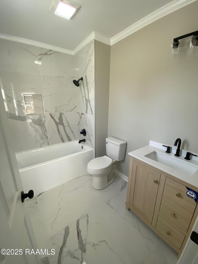 full bath with toilet, ornamental molding, bathtub / shower combination, marble finish floor, and vanity