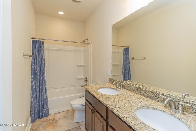 full bathroom with toilet, vanity, and shower / bathtub combination with curtain