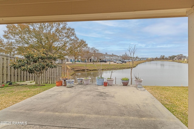 view of patio / terrace with a water view