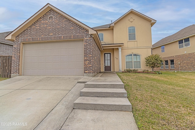 front facade with a garage and a front yard