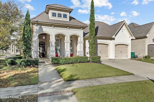 view of front facade featuring a front yard and a garage