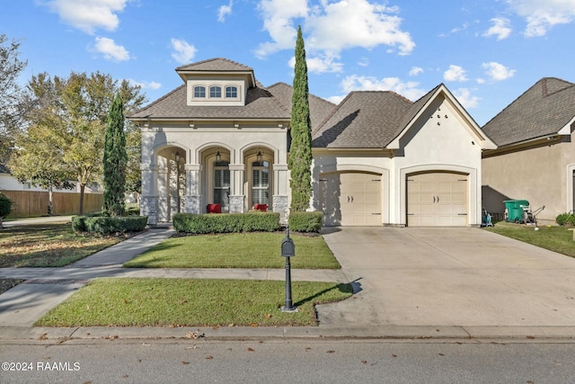 view of front of house featuring a front yard, a garage, and covered porch