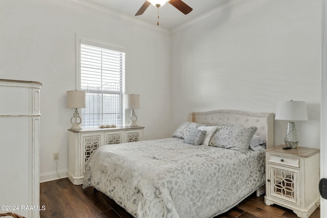 bedroom with dark hardwood / wood-style floors, ceiling fan, and crown molding