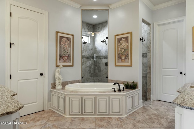 bathroom featuring vanity, independent shower and bath, and ornamental molding