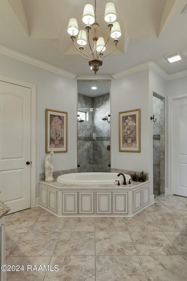 bathroom with crown molding, independent shower and bath, and a notable chandelier