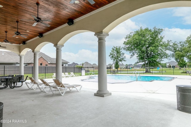 view of swimming pool with a patio area, ceiling fan, and central AC