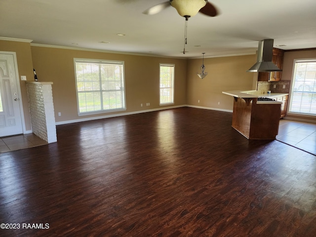 unfurnished living room with dark wood-type flooring, a healthy amount of sunlight, and ornamental molding