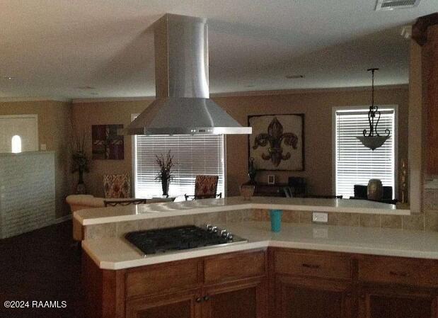 kitchen featuring black gas cooktop, extractor fan, and a wealth of natural light