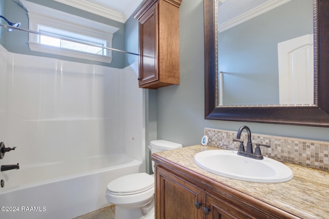 full bathroom featuring toilet, decorative backsplash, vanity, shower / bathtub combination, and ornamental molding