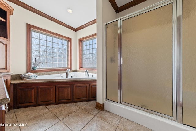 bathroom with tile patterned floors, ornamental molding, and independent shower and bath