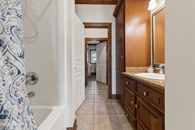 bathroom featuring shower / bath combo, vanity, and tile patterned floors