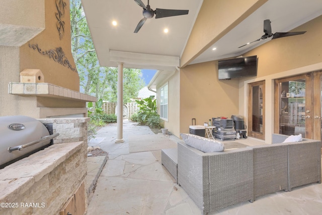 view of patio / terrace with ceiling fan, a grill, and outdoor lounge area