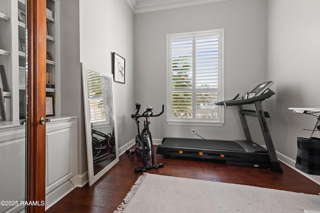 exercise area featuring ornamental molding and dark hardwood / wood-style flooring