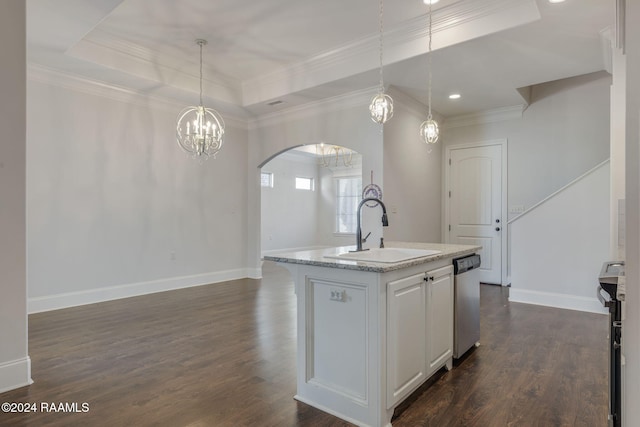 kitchen featuring appliances with stainless steel finishes, a tray ceiling, sink, a center island with sink, and hanging light fixtures