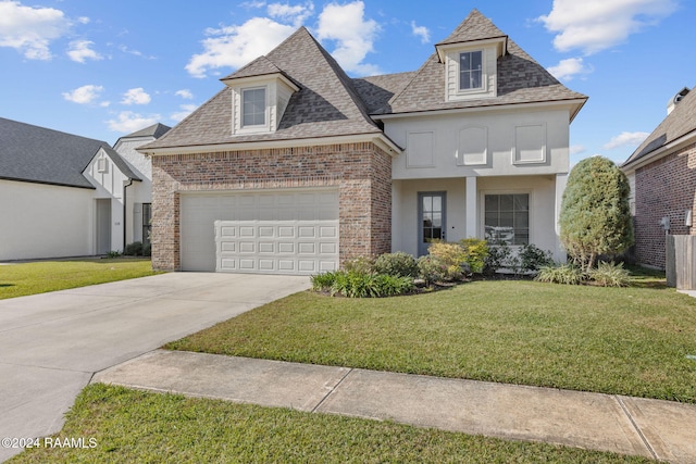 view of front of house featuring a front lawn and a garage