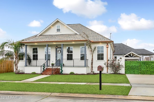 view of front of property featuring covered porch and a front lawn