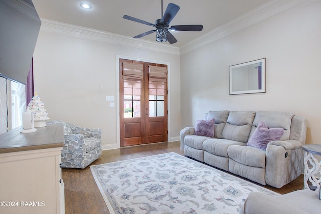 living room with french doors, dark hardwood / wood-style flooring, ceiling fan, and ornamental molding