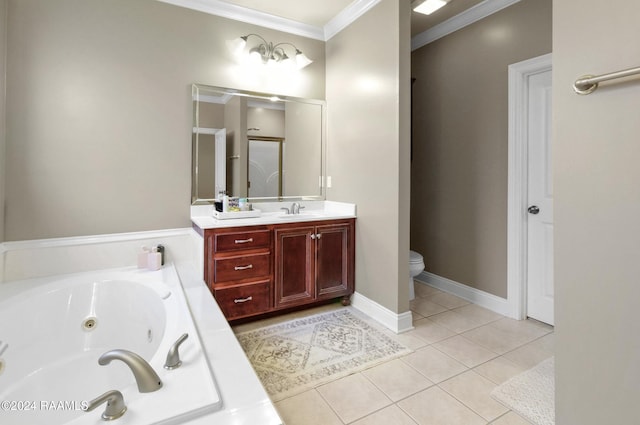 bathroom with a tub, tile patterned floors, toilet, vanity, and ornamental molding