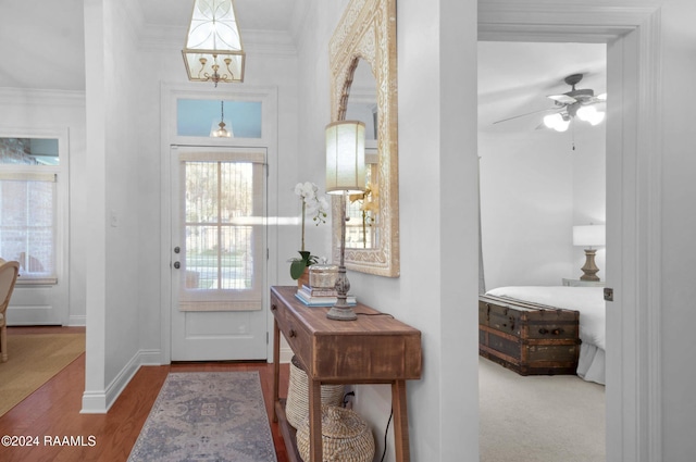 foyer with crown molding, wood-type flooring, and ceiling fan with notable chandelier