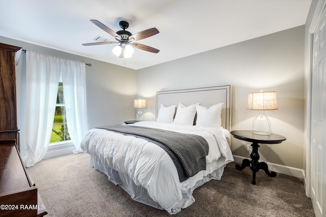 bedroom featuring carpet flooring and ceiling fan