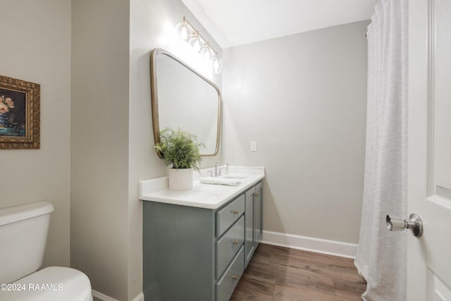 bathroom featuring vanity, wood-type flooring, and toilet