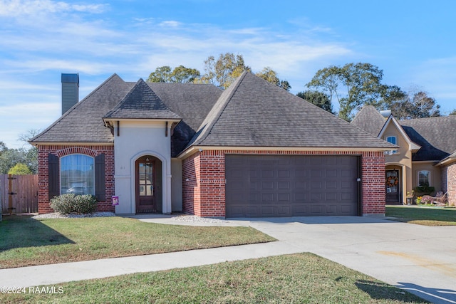 view of front of home featuring a garage and a front lawn