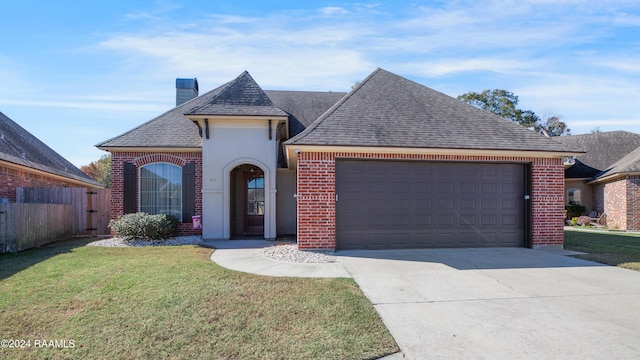 view of front of property with a front lawn and a garage