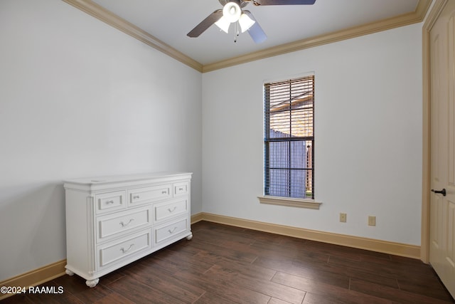 unfurnished room with ceiling fan, dark hardwood / wood-style floors, and ornamental molding