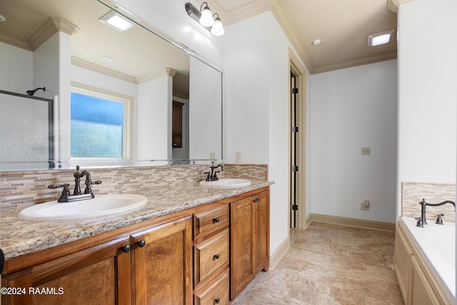 bathroom featuring vanity, ornamental molding, a bath, and tasteful backsplash