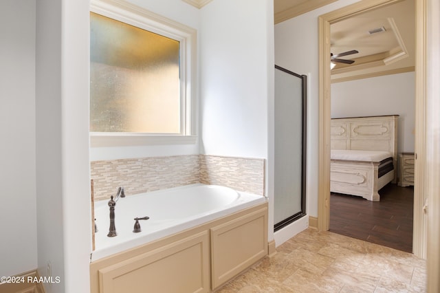 bathroom with separate shower and tub, ceiling fan, and crown molding