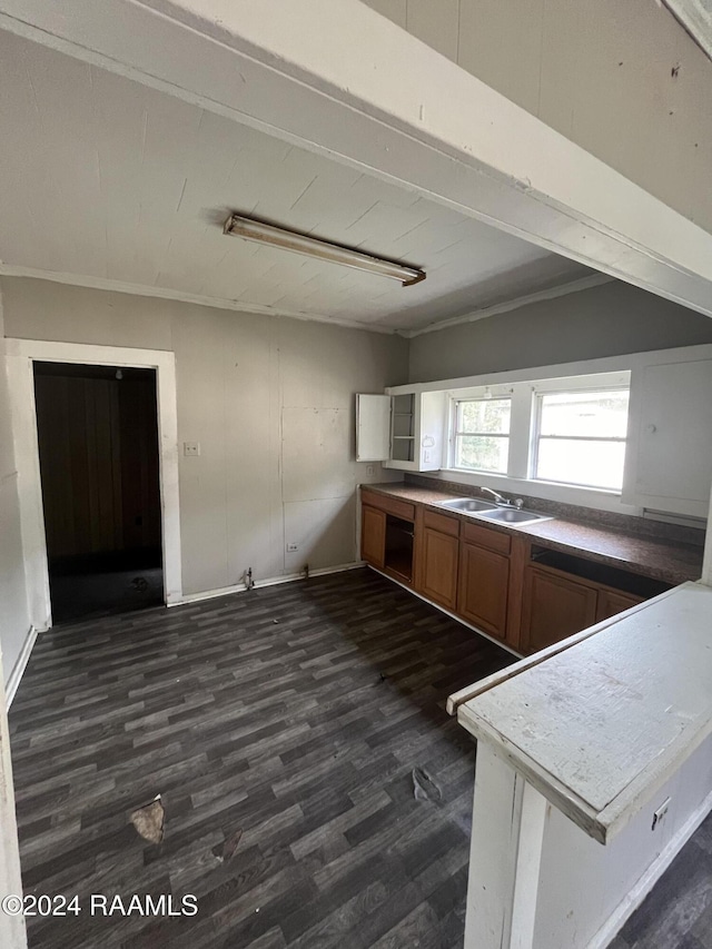 kitchen featuring kitchen peninsula, dark hardwood / wood-style flooring, crown molding, sink, and black dishwasher