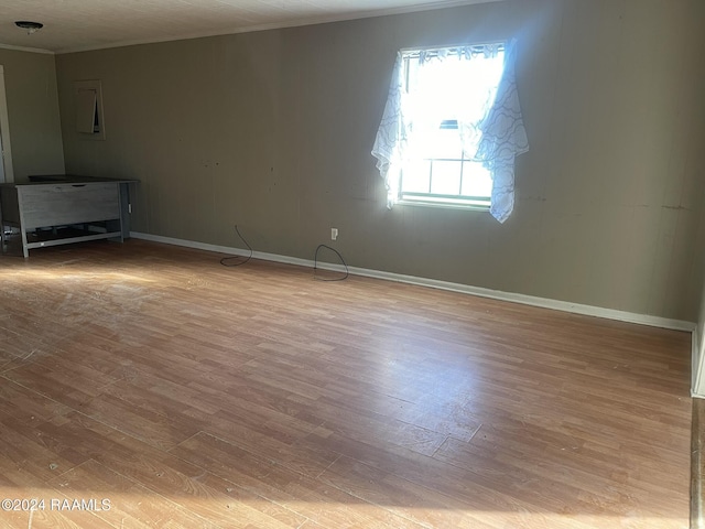 spare room with crown molding and light hardwood / wood-style floors