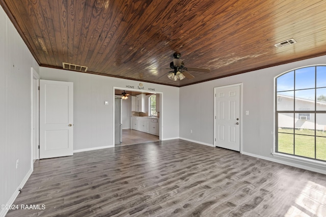 unfurnished living room with wood ceiling, ceiling fan, ornamental molding, and hardwood / wood-style floors