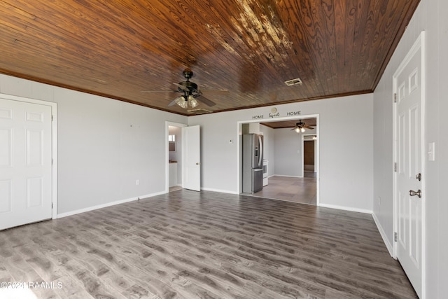 interior space with ornamental molding, hardwood / wood-style floors, ceiling fan, and wood ceiling