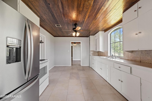 kitchen featuring white range with electric stovetop, white cabinetry, backsplash, wood ceiling, and stainless steel fridge with ice dispenser