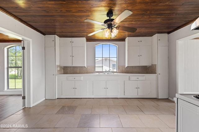 kitchen with sink, white cabinetry, backsplash, wooden ceiling, and white electric stove