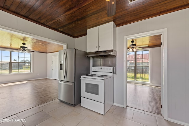 kitchen featuring white cabinetry, stainless steel fridge, wood ceiling, and electric stove