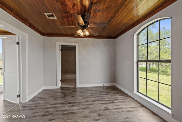 spare room featuring ceiling fan, ornamental molding, hardwood / wood-style floors, and wooden ceiling