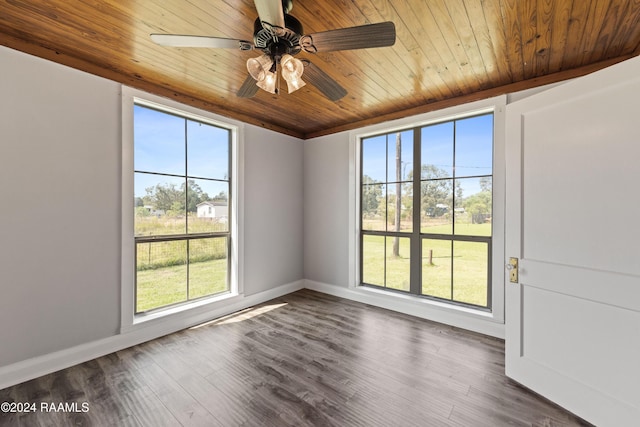 spare room featuring dark hardwood / wood-style flooring, wood ceiling, and ceiling fan