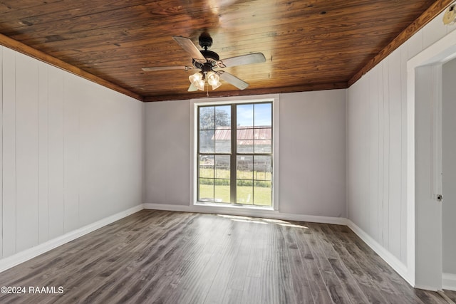 empty room featuring dark hardwood / wood-style flooring, wood ceiling, and ceiling fan