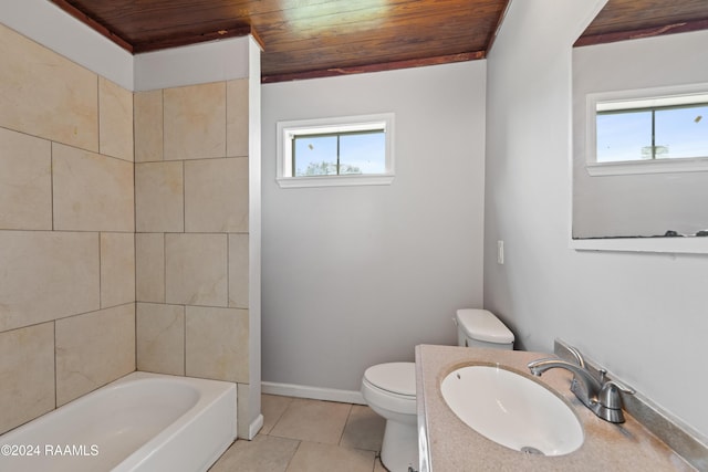 bathroom featuring tile patterned flooring, vanity, wood ceiling, and toilet