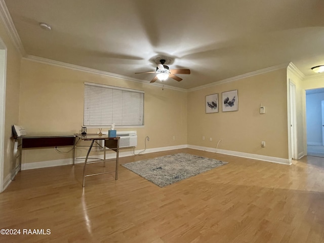 unfurnished room featuring ceiling fan, hardwood / wood-style flooring, and ornamental molding