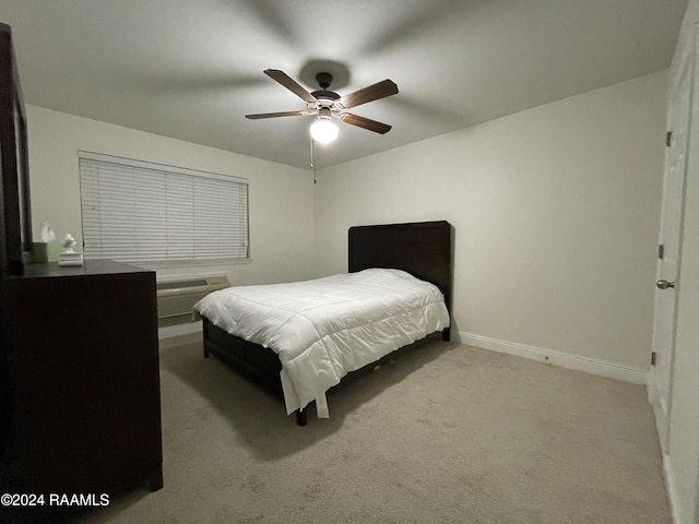 bedroom featuring a wall mounted AC, ceiling fan, and light colored carpet