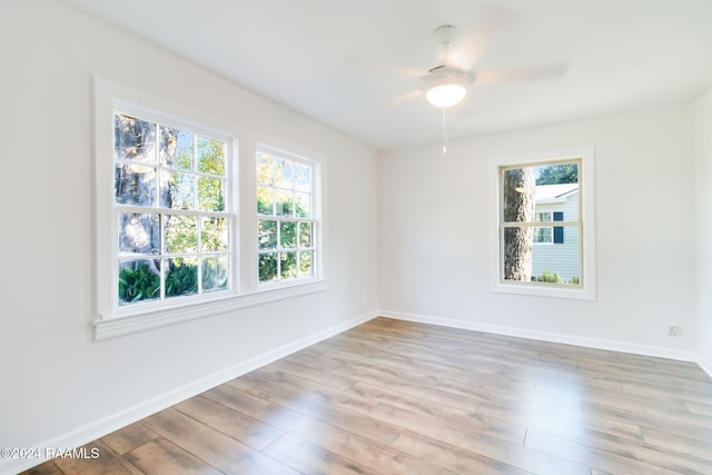 empty room with plenty of natural light, light hardwood / wood-style floors, and ceiling fan