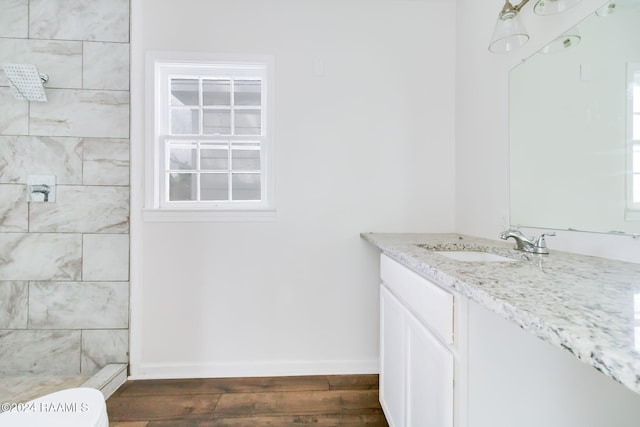 bathroom with hardwood / wood-style floors, vanity, and toilet