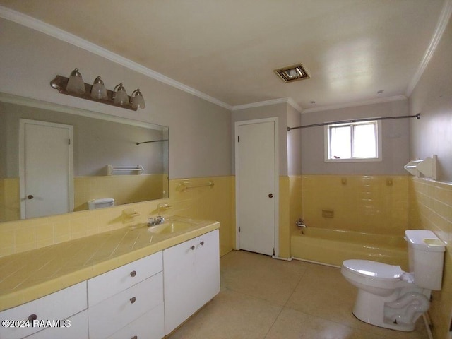 full bathroom with vanity, shower / tub combination, crown molding, tile patterned flooring, and tile walls