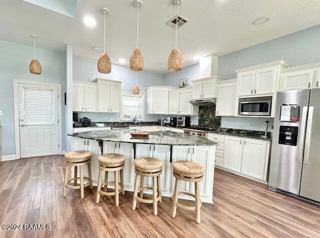 kitchen featuring light hardwood / wood-style floors, an island with sink, pendant lighting, and appliances with stainless steel finishes